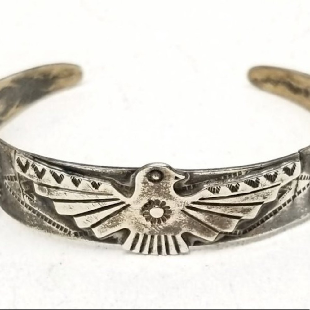 Bell Trading Co Sterling Silver Navajo 5.5" Thunderbird Cuff Bracelet Vintage